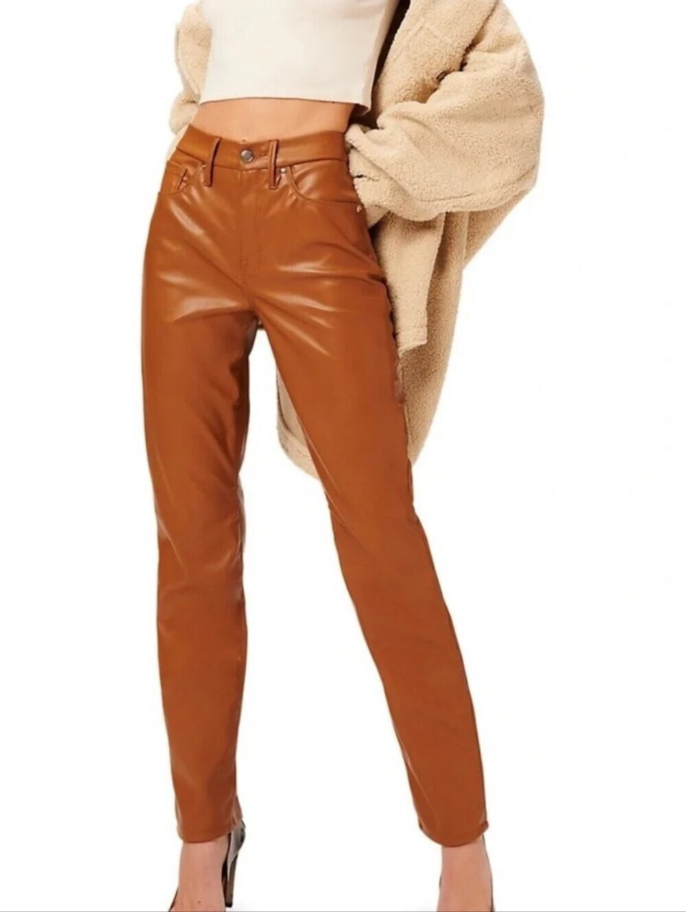 GOOD AMERICAN Faux Leather Pants in brown camel color